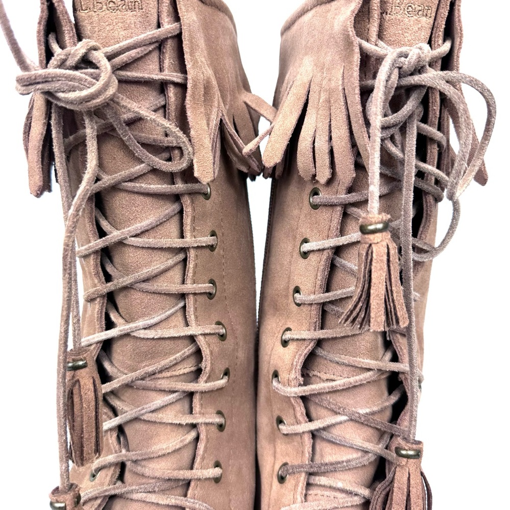 LL Bean tall suede tan moccasin boots shearling lined lace up w fringe. Sz 7.5 - Picture 9 of 14